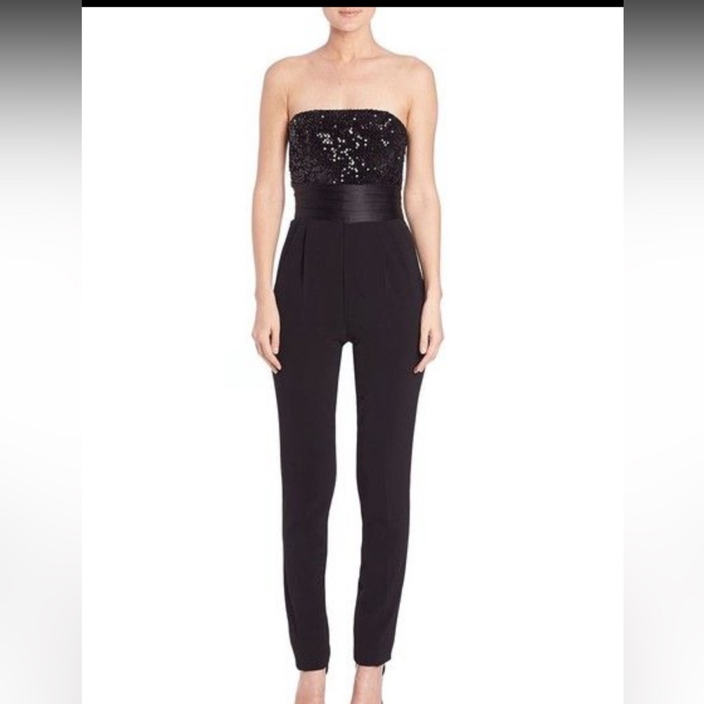 Badgley Mischka Black Tuxedo Style Sequin Top Jumpsuit Size 6